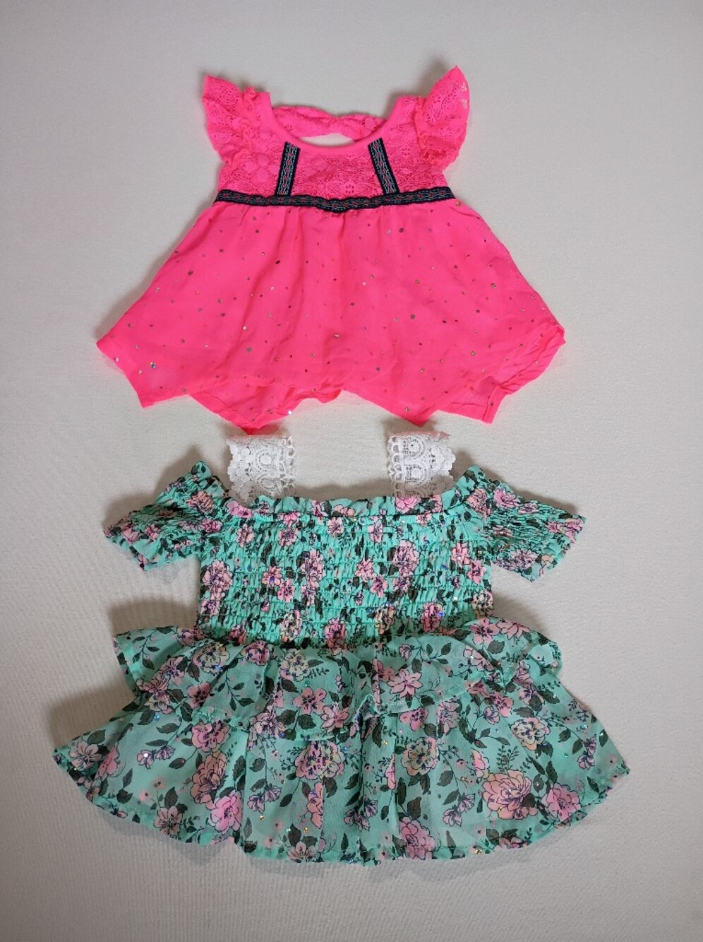 Little Lass Set of 2 Tops: 12M Pink Sparkle & 18M Green Floral Boho